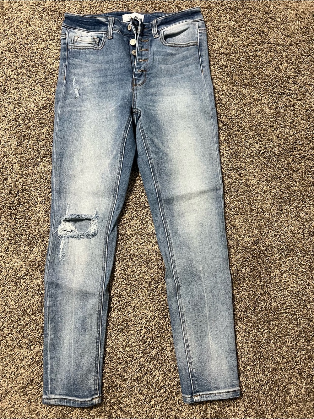 Light Blue Distressed Skinny Jeans with Button Fly